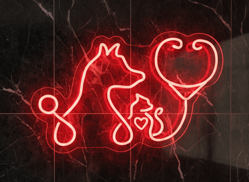 Custom Neon | Vet Clinic Neon Sign with Dog Cat and Stethoscope Design | Flex LED Veterinary Light | Plug In Neon Wall Decor | Durable Energy Efficient Animal Clinic Advertising Sign | 15x24 | Red