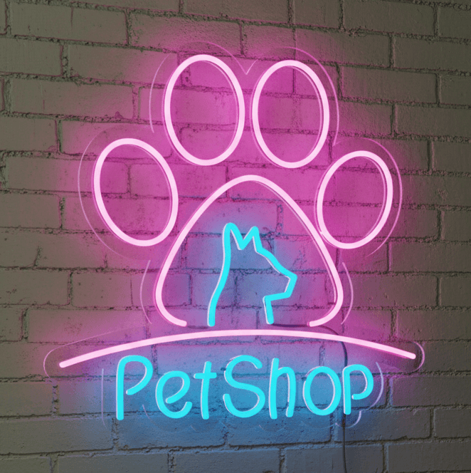Custom Neon | Pet Shop Neon Sign with Paw Print and Dog Design | Flex LED Pet Store Light | Plug In Neon Wall Decor | Durable Energy Efficient Pet Shop Advertising Sign | 22x23 | Multicolor (Pink, Blue)