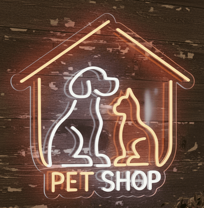Custom Neon | Pet Shop Neon Sign with Dog Cat House Design | Flex LED Pet Store Light | Plug In Neon Wall Decor | Durable Energy Efficient Pet Shop Advertising Sign | 22x23 | Multicolor (Orange, White)