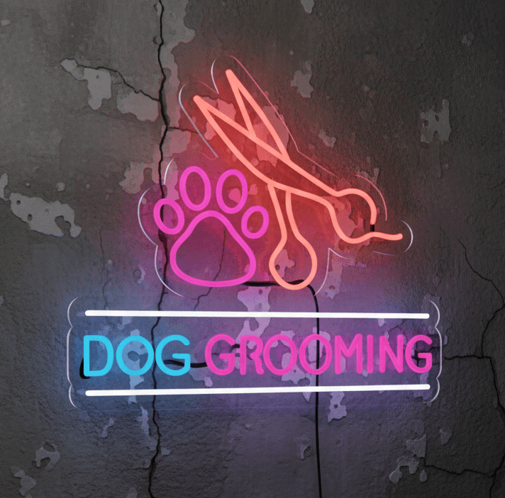 Custom Neon | Dog Grooming Neon Sign with Paw and Scissors | Flex LED Pet Grooming Light | Plug In Neon Salon Wall Decor | Vibrant Durable Dog Groomer Shop Sign | 21x14 | Multicolor (Blue, Pink, Red)