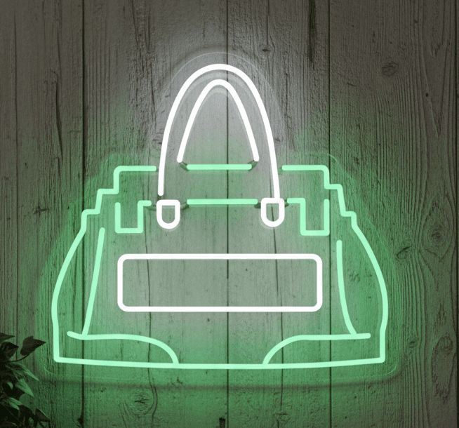 Handbag Shape Neon Sign 21x23 Inch | Fashion-Inspired LED Neon Wall Light | Green & White Purse Neon Artwork for Bedroom, Closet, Living Room, Salons, Boutiques, Retail Stores, Events, and Parties