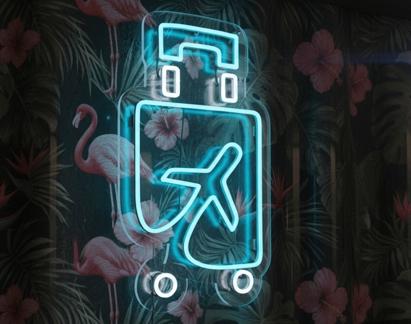 Custom Neon | Suitcase with Airplane LED Neon Sign | Energy-Efficient Blue and White Wall Decor for Travel Lovers, Events, and Home Interiors | 22x13 | Blue and White