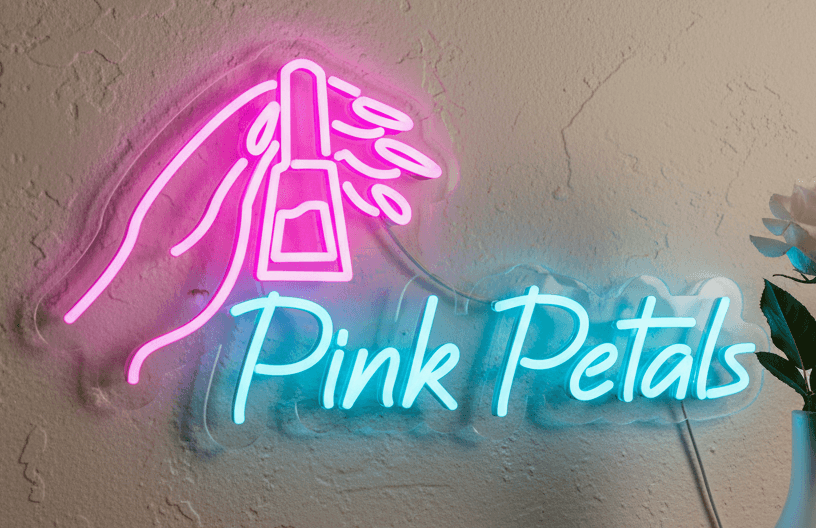 Custom Neon | Pink Petals Nail Art Neon Sign | 12x23 LED Neon Flex Wall Decor | Vibrant Pink & Blue Salon Neon Light | Plug-in Beauty Studio Wall Art | Flexible Nail Neon Sign Decor
