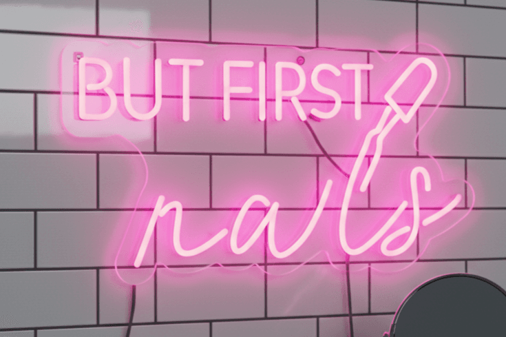 Custom Neon | ?But First Nails? Neon Sign | 12x23 LED Neon Flex Wall Decor | Vibrant Pink Nail Art Light | Plug-in Salon Wall Neon Sign | Flexible Beauty Studio Neon Display | No Battery Required