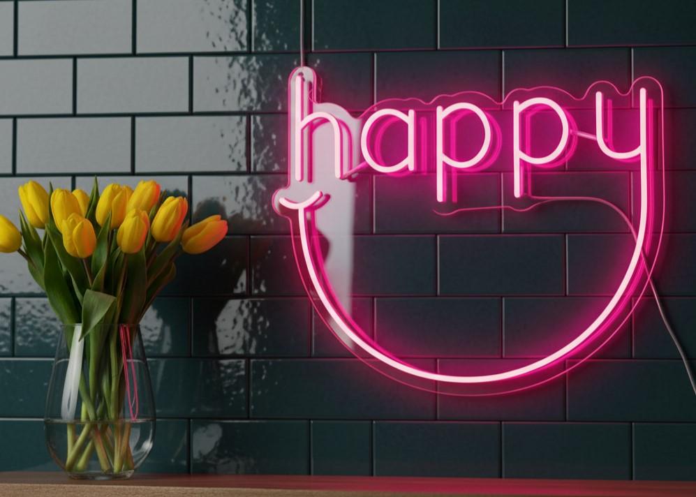 Custom Neon | Happy Word Neon Sign with Smile Curve | Stylish Pink LED Neon for Bedrooms, Living Rooms, Cafés, Offices, Events and Personalized Gifting | 20x24 | Pink