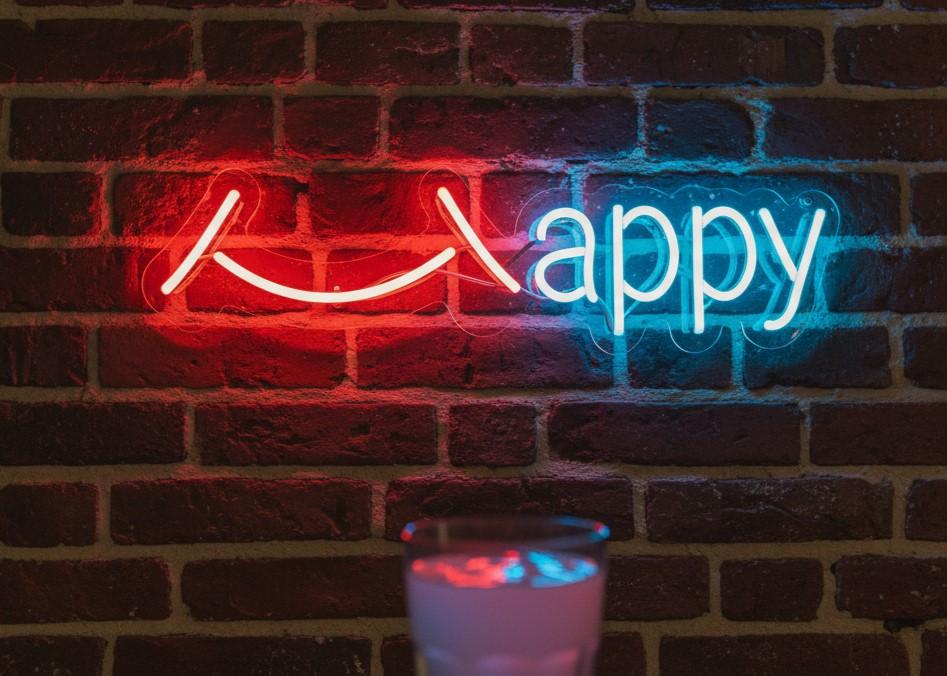 Custom Neon | Happy Word Neon Sign with Smile Design | Stylish Red & Blue LED Neon for Home décor, Parties, Weddings, Events and Personalized Gifting | 6x24 | Red & Blue