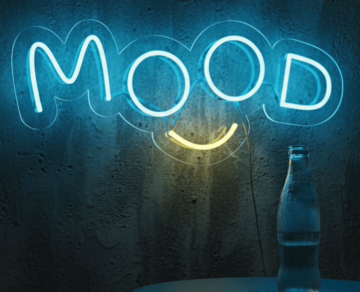 �MOOD � A Creative and Playful Logo Design with Bold Blue Lettering and a Bright Yellow Smile Beneath, Capturing Positive Energy, Cheerful Vibes, and the Joyful Spirit of Uplifting Human Emotions�