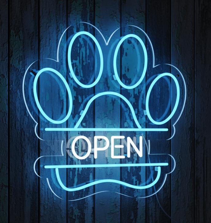 Custom Neon | Pet Open Neon Sign with Paw Print Design | Flex LED Pet Shop Open Light | Plug In Neon Wall Decor | Durable Energy Efficient Pet Open Advertising Sign | 21x21 | Multicolor (Blue, White)