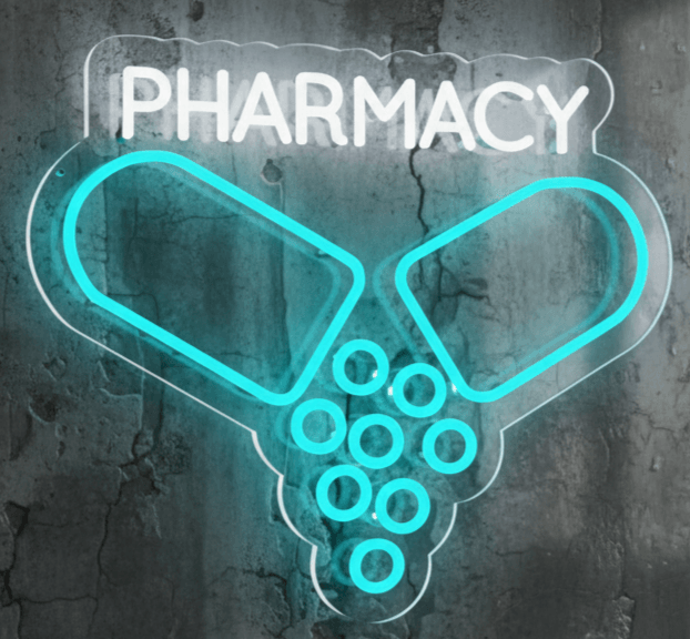 Neon Flex Pharmacy Sign Plug-in LED Light 18x21,  Custom Neon Pharmacy Display, Medical Capsule Neon Wall Decor, Blue and White Pharmacy Neon Flex Board, Premium Plug-in Clinic Sign