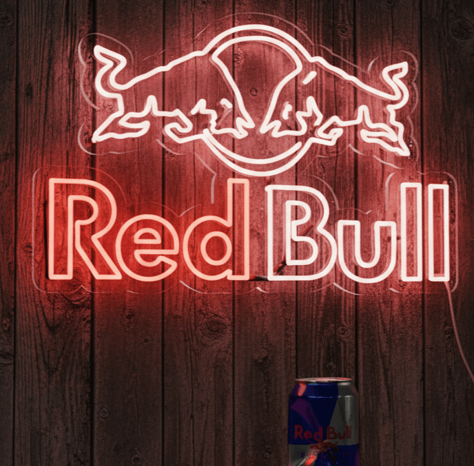 Custom Neon | Red Bull Logo Neon Sign | Plug-in LED Neon Flex, Red Bull Inspired Neon Light for Bar, Cafe, Home, Party & Gaming Decor | 19x30 | Red White Glow