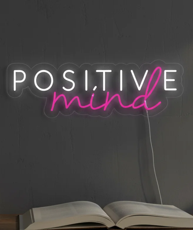 Custom Neon | Positive Mind Neon Sign | Energy-Efficient LED Neon Flex Wall Light for Bedroom, Home Decor, Bars, Cafes, and Events | Durable Plug-in Neon Art | 30x10 | White & Pink