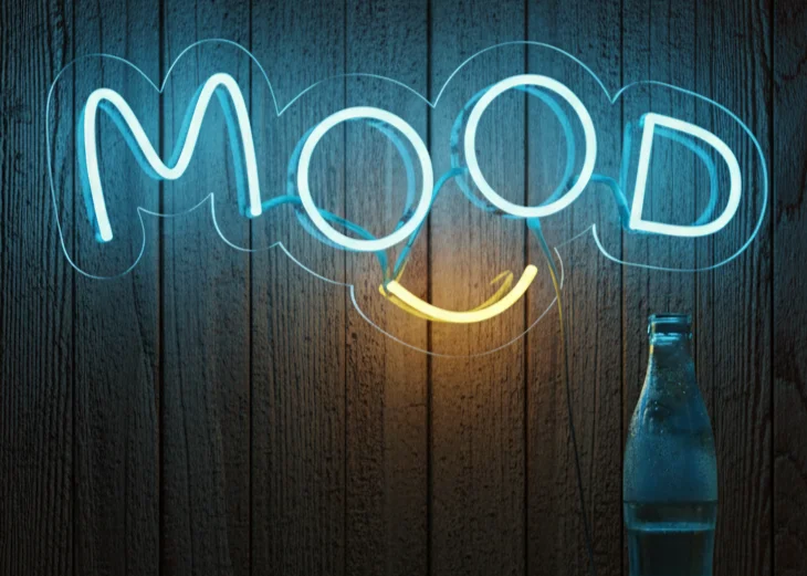 “MOOD – A Creative and Playful Logo Design with Bold Blue Lettering and a Bright Yellow Smile Beneath, Capturing Positive Energy, Cheerful Vibes, and the Joyful Spirit of Uplifting Human Emotions”