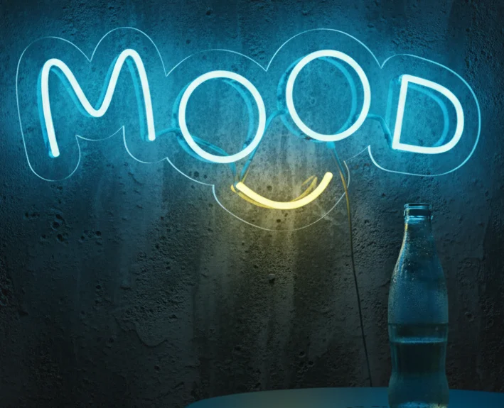 �MOOD � A Creative and Playful Logo Design with Bold Blue Lettering and a Bright Yellow Smile Beneath, Capturing Positive Energy, Cheerful Vibes, and the Joyful Spirit of Uplifting Human Emotions�