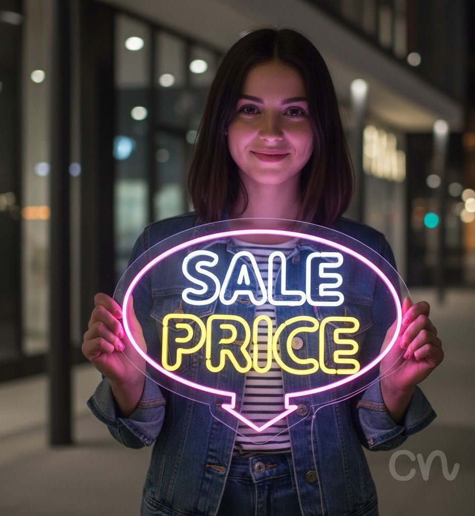 Custom Neon | Sale Price Neon Sign | 18x24 | White Yellow Pink Lighted Decor