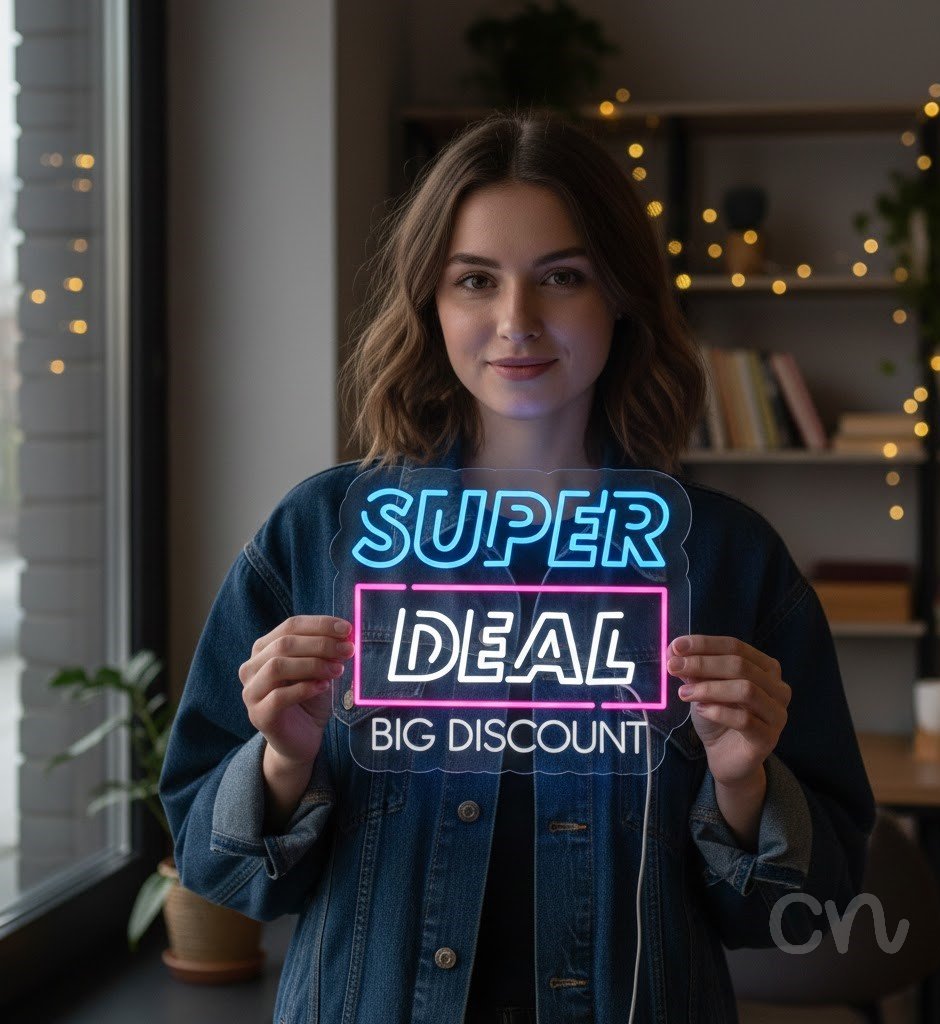 Custom Neon | Super Deal Big Discount Neon Sign | 20x17 | Ice Blue Warm White Hot Pink