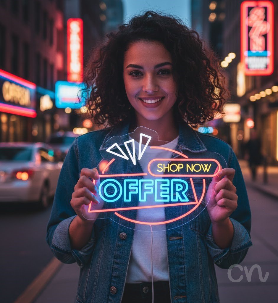 Custom Neon | Shop Now Offer Neon Sign | 16x22 | Hot Pink Ice Blue Yellow