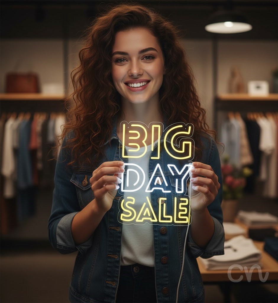 Custom Neon | Big Day Sale Neon Sign | 24x18 | Yellow White Neon Sign for Promotions
