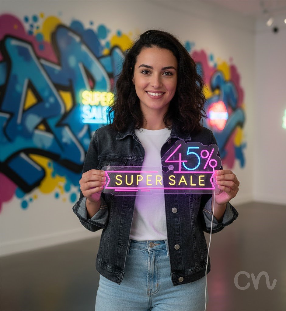 Custom Neon | 45 Percent Super Sale Neon Sign | 13x28 | Hot Pink Ice Blue Yellow