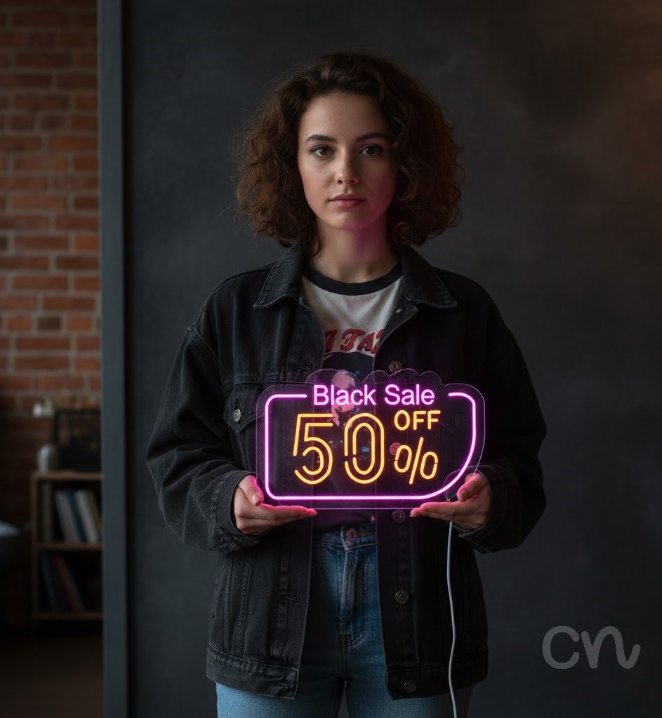 Custom Neon | Black Sale 50% Off Neon Sign | 16x26 | Pink and Orange Bright Lights