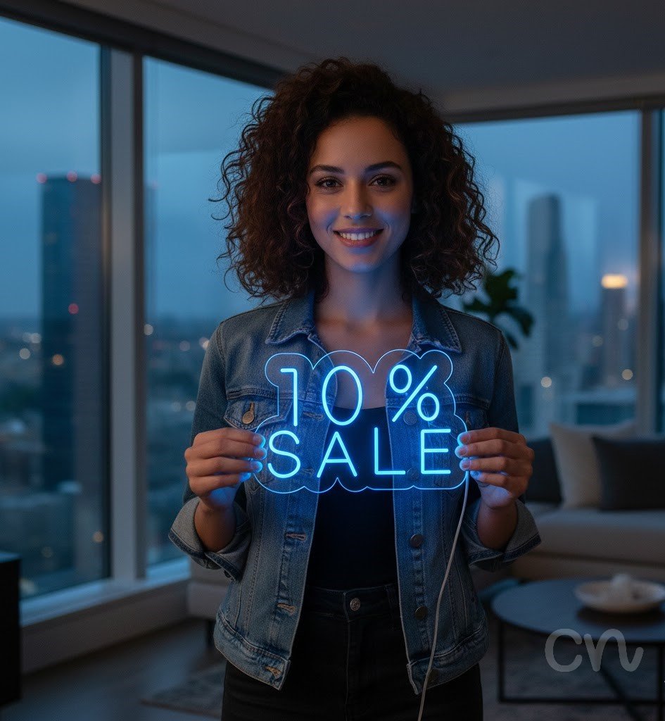 Custom Neon | 10% Sale Neon Sign | 17x25 | Light Blue Neon Sign for Promotions