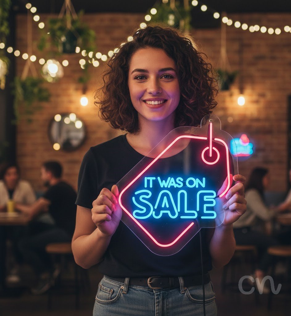 Custom Neon | It Was on Sale Neon Sign | 23x21 | Light Blue and Red Neon Sign