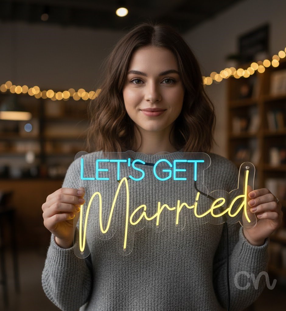 Custom Neon | Lets Get Married Neon Sign | 17x30 | Ice Blue Soft Yellow Bright Light
