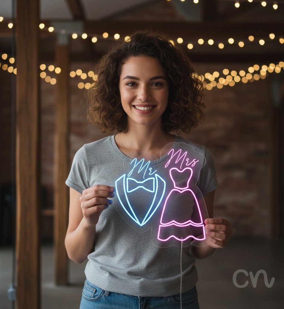 Custom Neon | Mr & Mrs Neon Sign | 24x24 | Ice Blue and Hot Pink Neon Sign