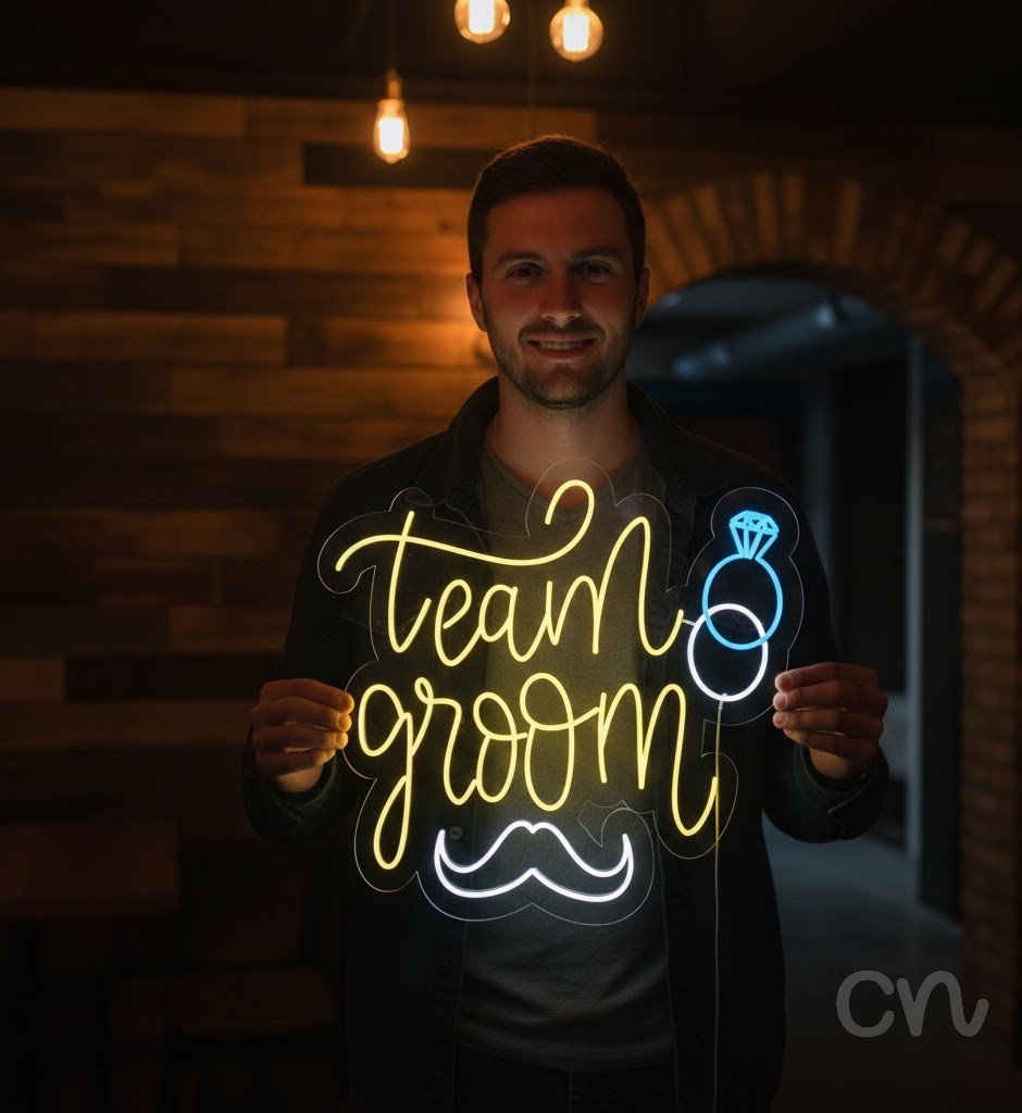 Custom Neon | Team Groom Neon Sign | 30x29 Inches | Yellow Blue White Colors