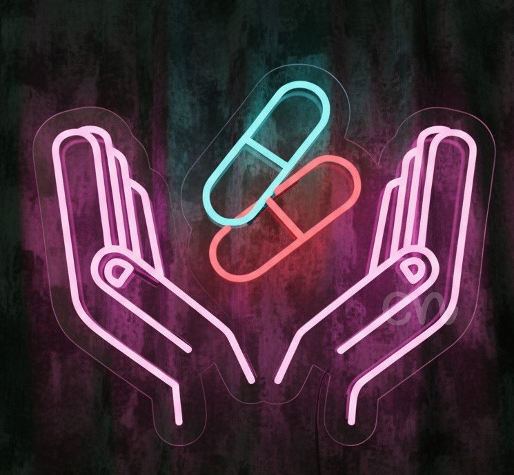 Custom Neon | Hands Holding Capsules Neon Sign | 18x22 | Multicolor