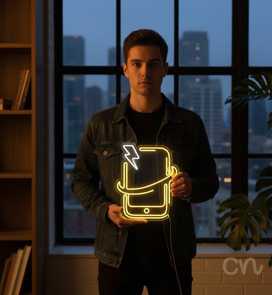 Custom Neon | Smartphone with Lightning Bolt Neon Sign | 24x20 Inches | Yellow