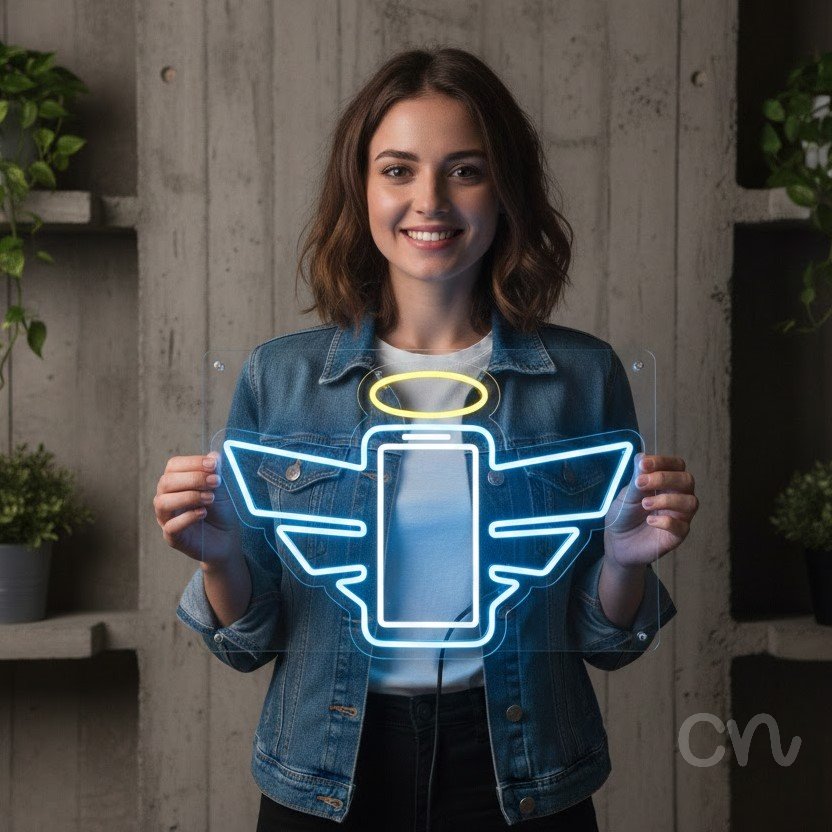Custom Neon | Angel Phone Neon Sign | 17x24 | Blue and Yellow Neon Sign for Home Decor