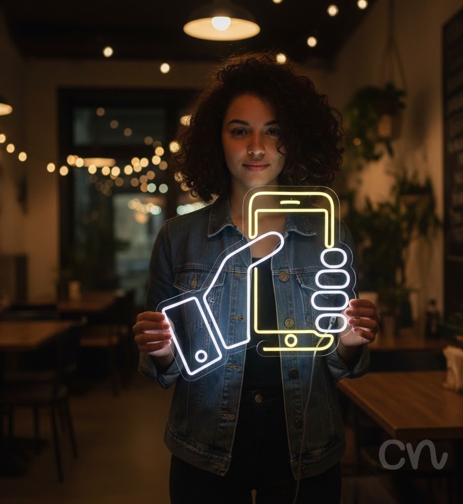 Custom Neon | Hand Holding Phone Neon Sign | 23x24 Inches | Yellow Neon Sign