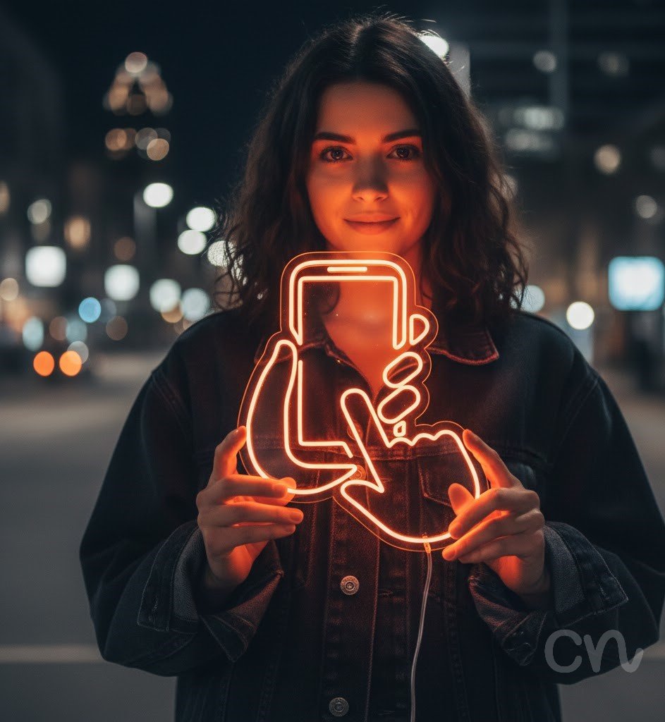 Custom Neon | Hand Holding Phone Neon Sign | 24x20 | Orange