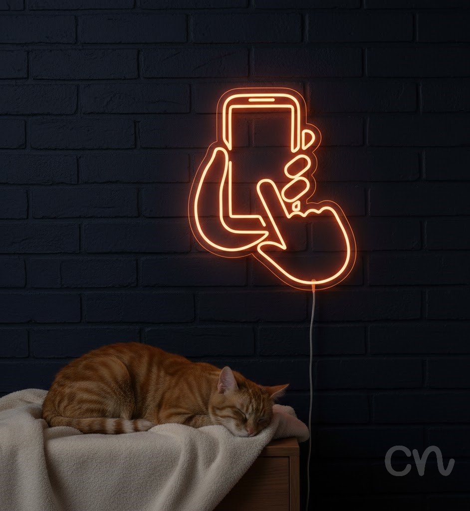 Custom Neon | Hand Holding Phone Neon Sign | 24x20 | Orange 2