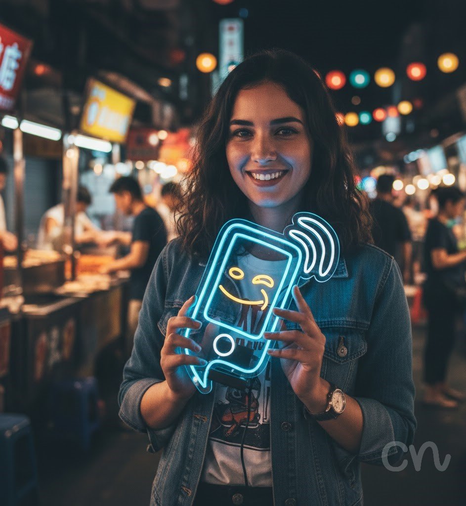 Custom Neon | Smartphone with Smiley Face Neon Sign | 24x21 | Sky Blue and Yellow