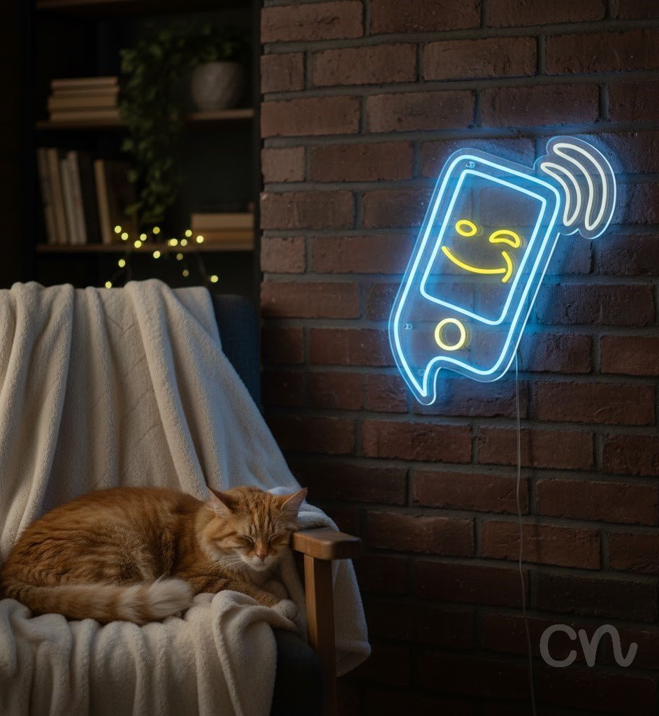 Custom Neon | Smartphone with Smiley Face Neon Sign | 24x21 | Sky Blue and Yellow 2