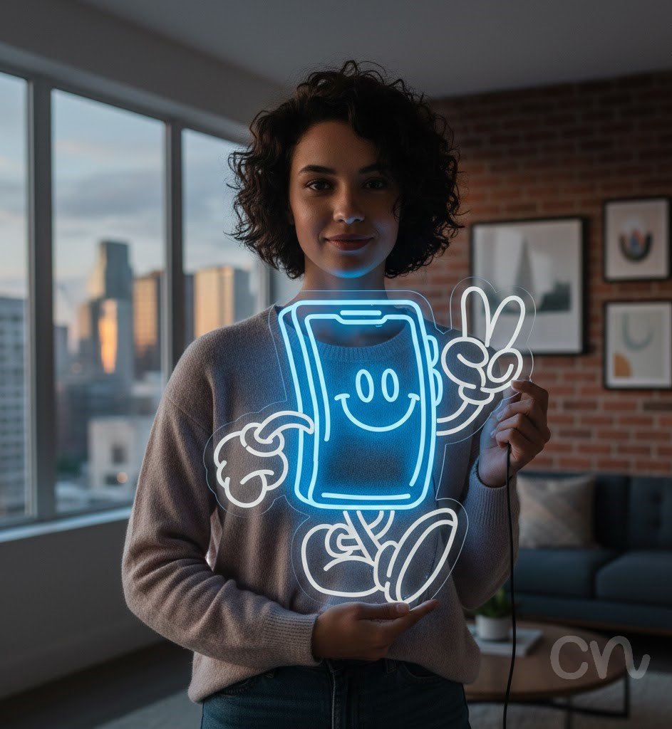 Custom Neon | Smiling Phone Neon Sign | 24x24 | Ice Blue