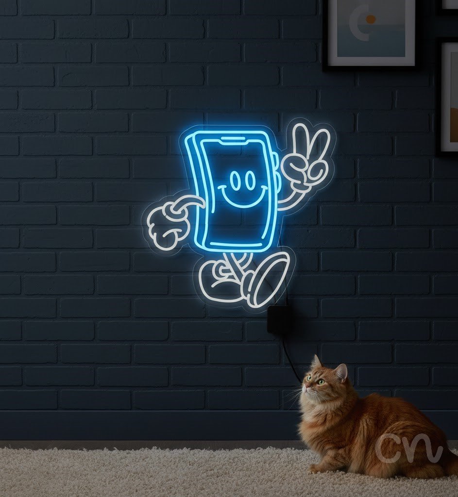 Custom Neon | Smiling Phone Neon Sign | 24x24 | Ice Blue 2