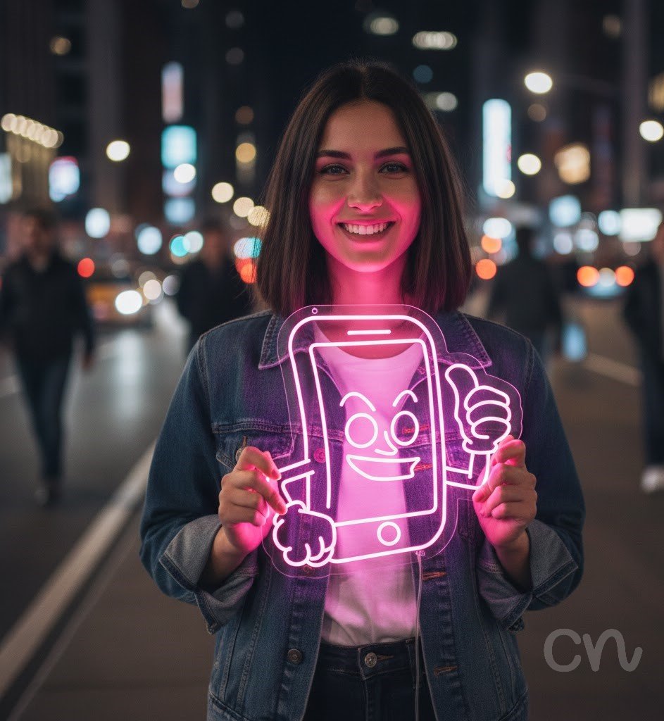 Custom Neon | Smartphone with Thumbs Up Neon Sign | 27x26 | Neon Pink