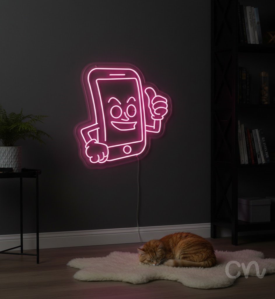 Custom Neon | Smartphone with Thumbs Up Neon Sign | 27x26 | Neon Pink 2