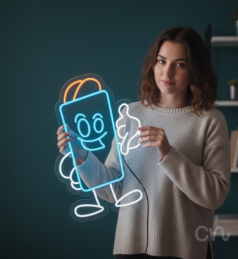 Custom Neon | Smiling Drink Carton Neon Sign | 24x17 | Ice Blue, Orange