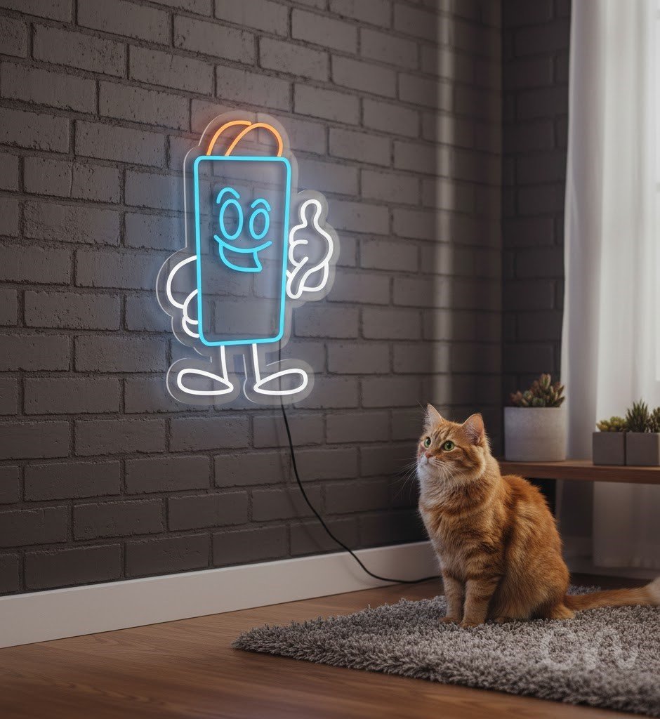 Custom Neon | Smiling Drink Carton Neon Sign | 24x17 | Ice Blue, Orange 2