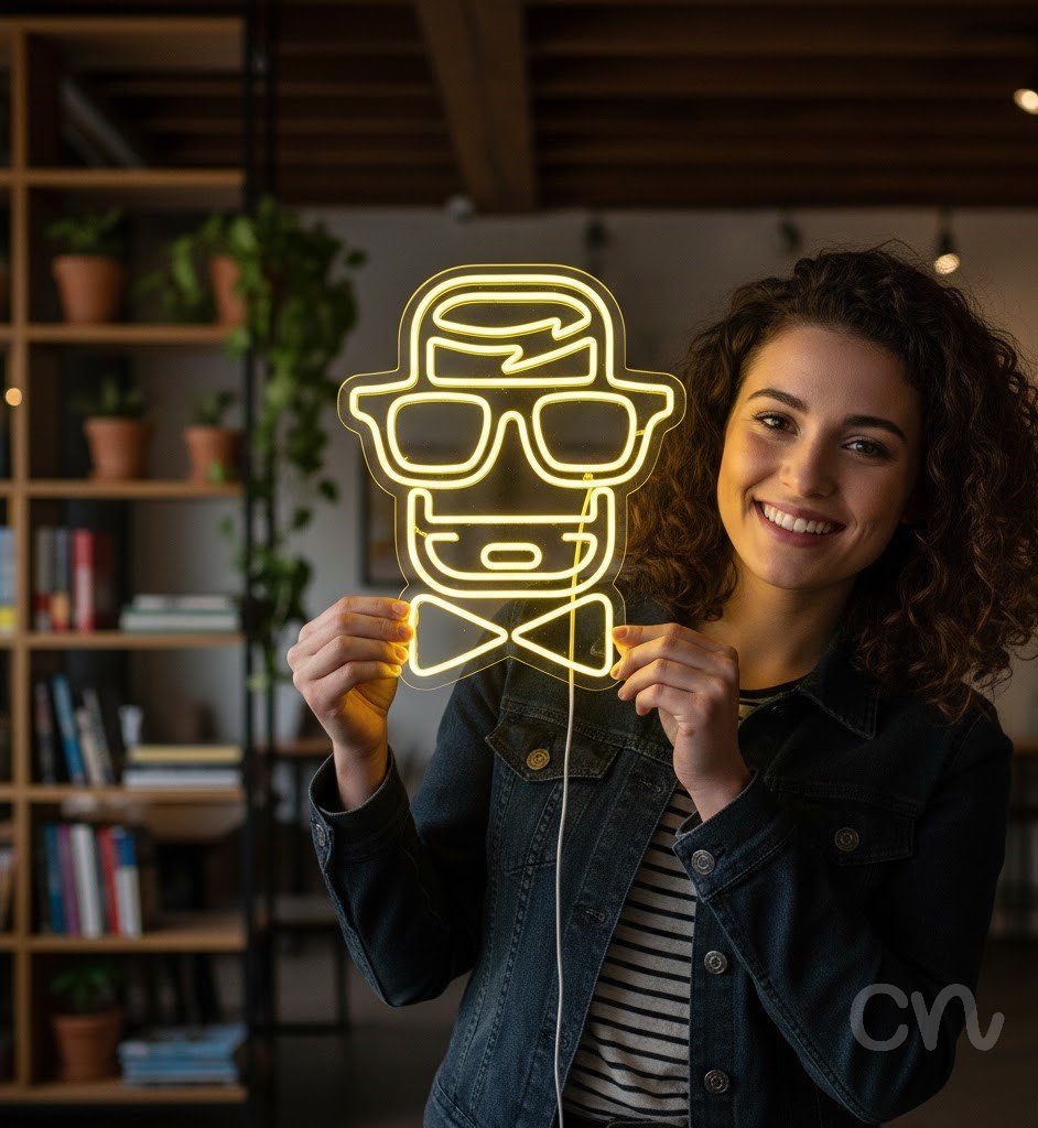 Custom Neon | Hipster Face with Bow Tie Neon Sign | 23x20 | Yellow