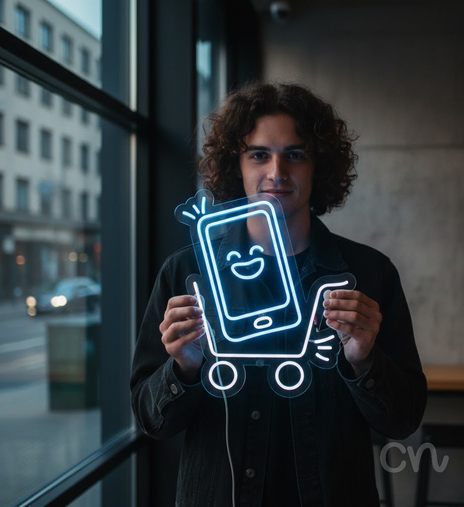 Custom Neon | Shopping Cart with Smiling Phone Neon Sign | 24x21 | Ice Blue