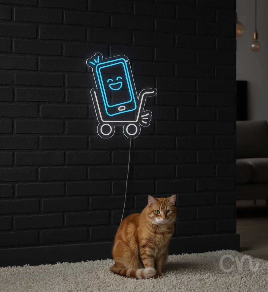 Custom Neon | Shopping Cart with Smiling Phone Neon Sign | 24x21 | Ice Blue 2