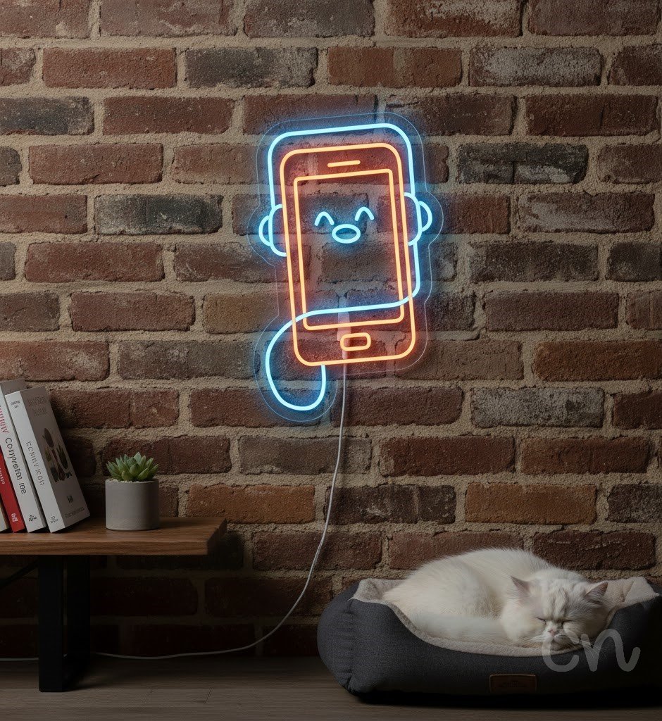Custom Neon | Smartphone with Headphones Neon Sign | 25x16 | Orange Blue 2