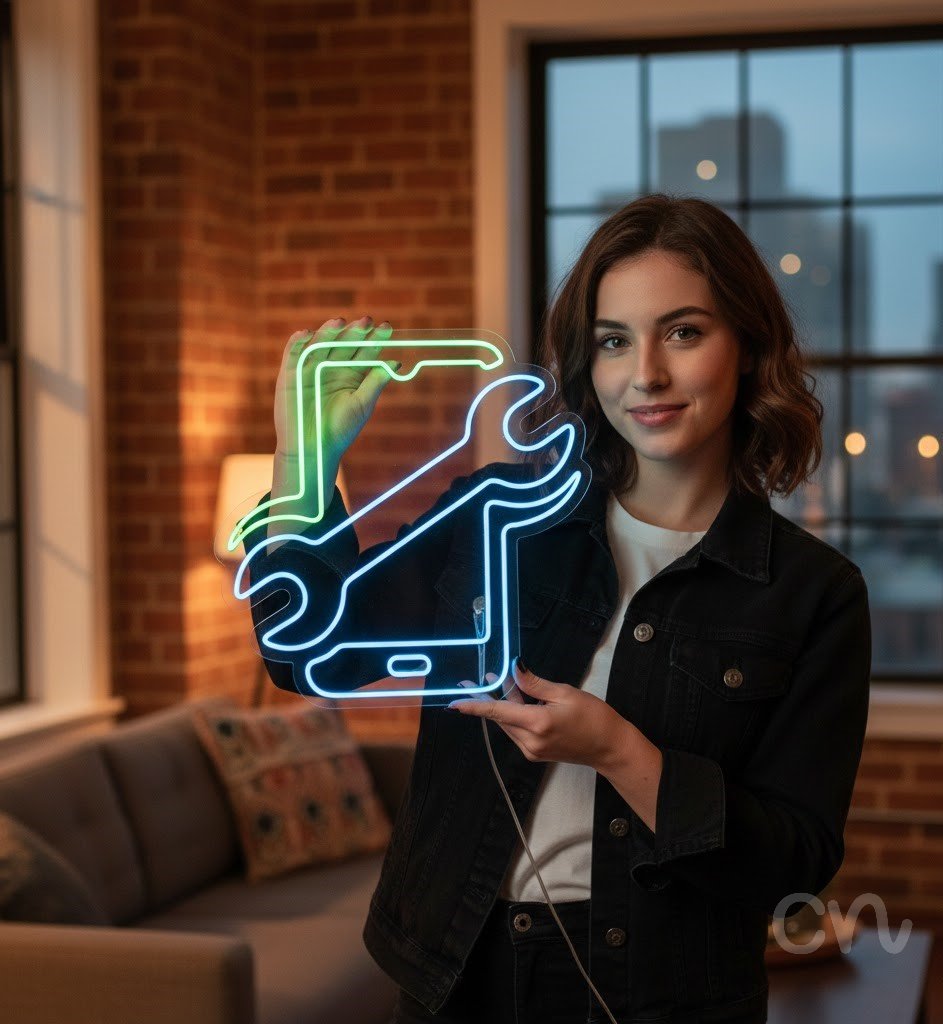 Custom Neon | Phone and Wrench Neon Sign | 24x25 | Green and Blue Neon Lights