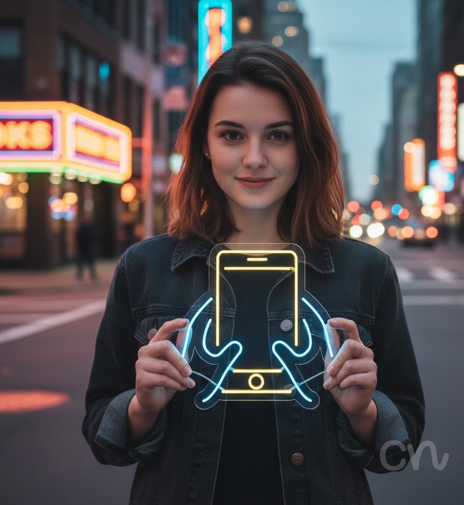 Custom Neon | Smartphone and Hands Neon Sign | 27x27 | Yellow, Blue