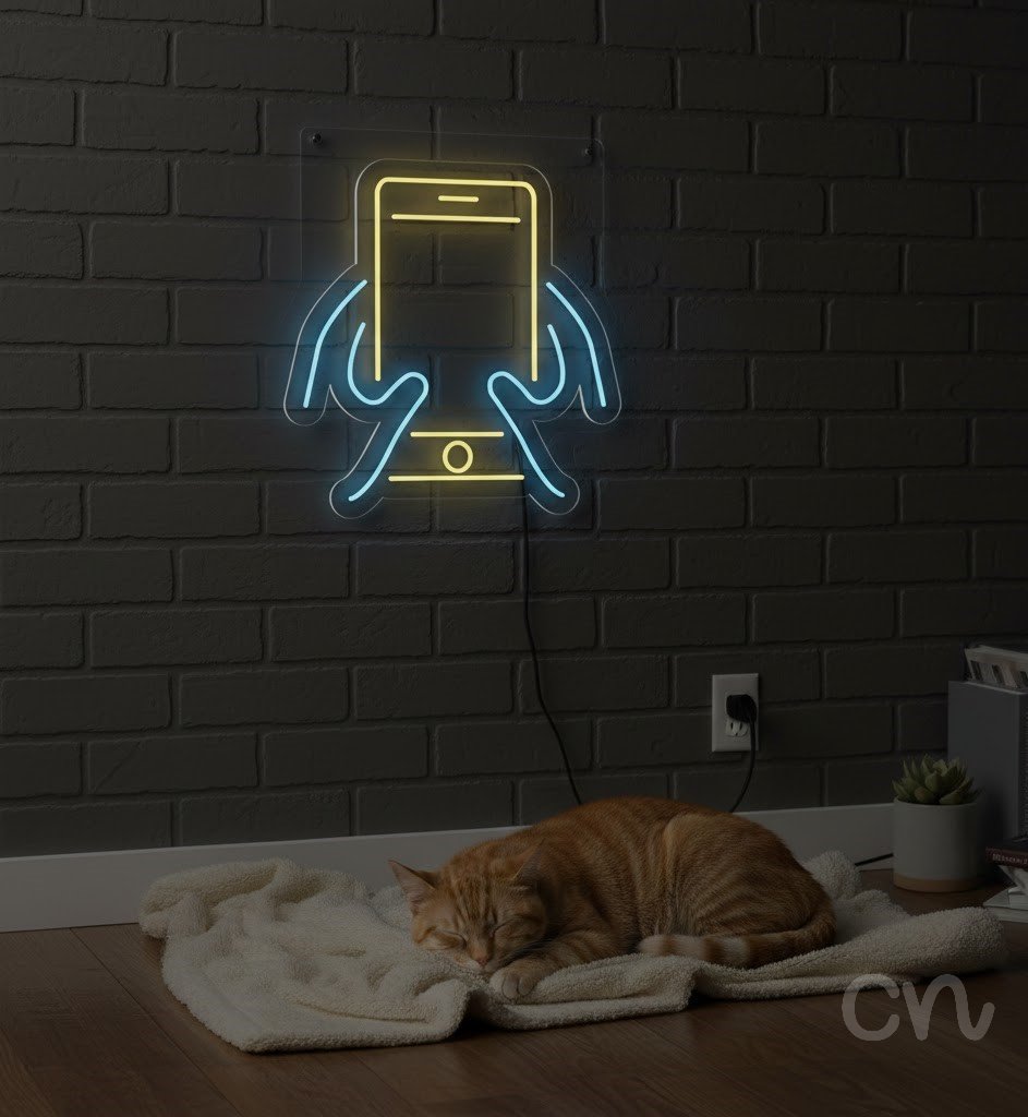 Custom Neon | Smartphone and Hands Neon Sign | 27x27 | Yellow, Blue 2