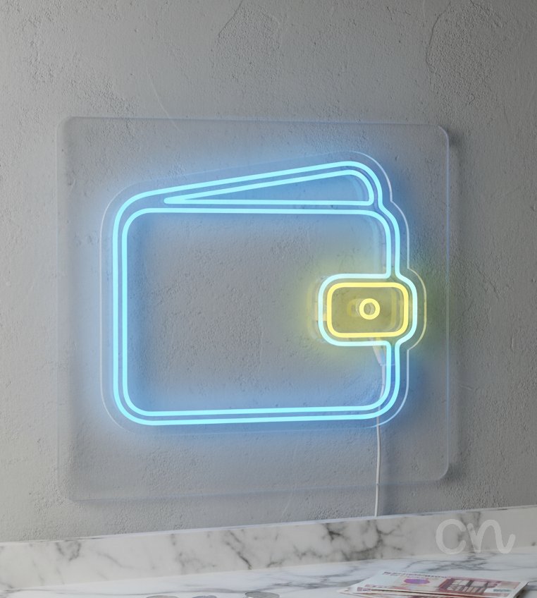 Custom Neon | Wallet Design Neon Sign | 21x24 | Sky Blue and Yellow Neon Sign